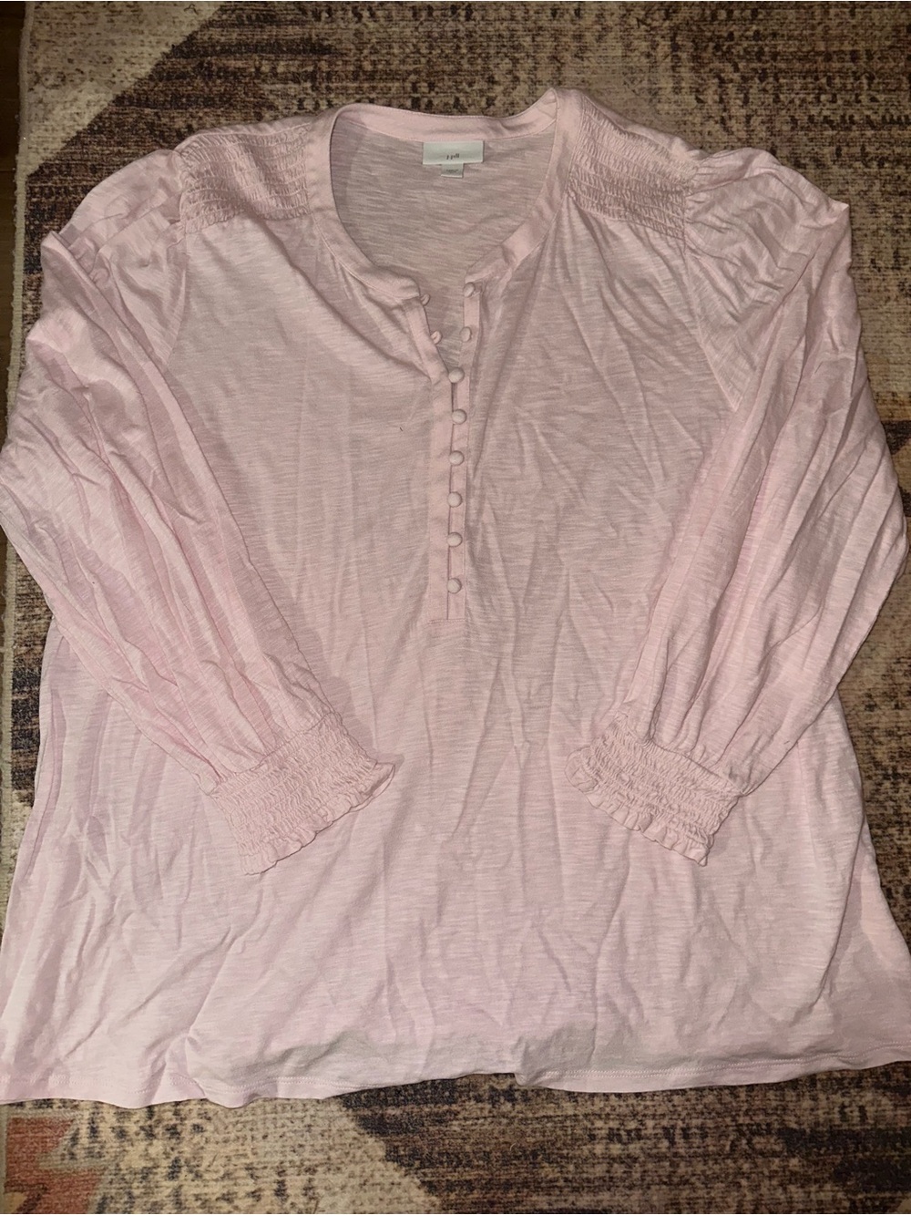 J. Jill Light Pink Button-Front Smocked Sleeve Blouse
